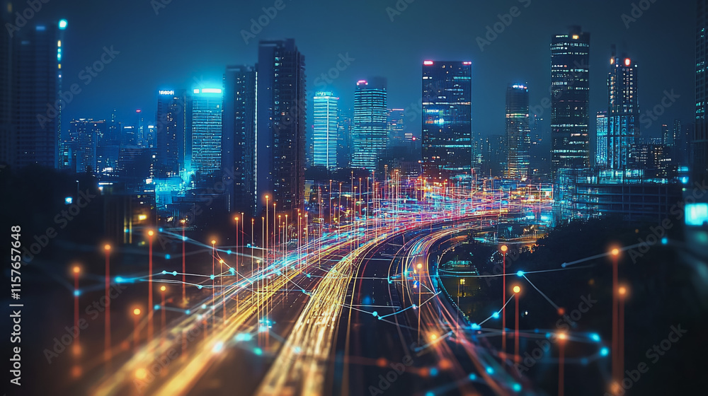 Smart digital Innovation city with connection network reciprocity over the cityscape. of future smart wireless digital city and social media networking systems that connects people with in city Smart digital Innovation city with connection network reciprocity over the cityscape. of future smart wireless digital city and social media networking systems that connects people with in city