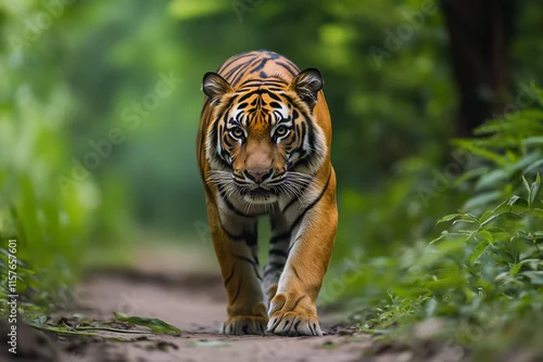 Fototapeta samoprzylepna Tiger Walking Through the Jungle: A Powerful Wildlife Scene