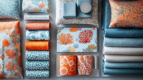 Colorful coral reef themed bedding and fabric collection in orange and blue photo