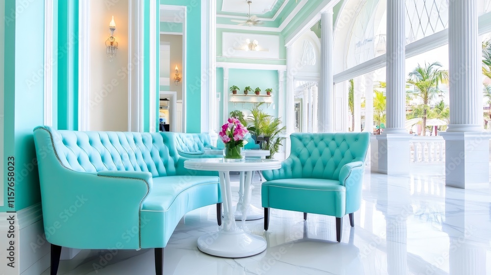 Fototapeta premium Elegant Turquoise Lounge Interior - Luxury hotel lobby, turquoise furniture, floral arrangement, bright windows, tranquil atmosphere. Symbolizes: serenity, elegance, luxury, hospitality, relaxation.