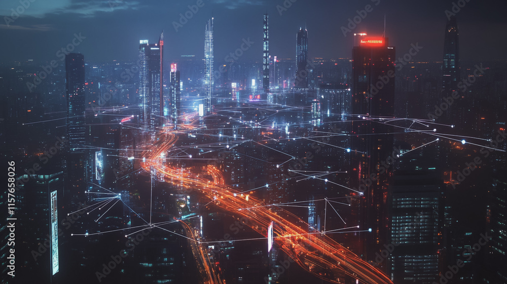 Fototapeta premium Smart digital Innovation city with connection network reciprocity over the cityscape. of future smart wireless digital city and social media networking systems that connects people with in city