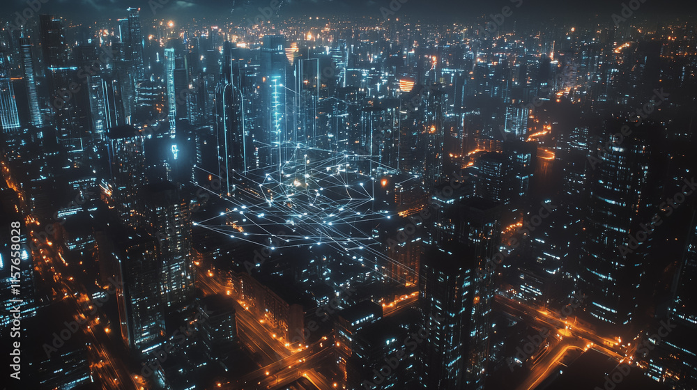 Smart digital Innovation city with connection network reciprocity over the cityscape. of future smart wireless digital city and social media networking systems that connects people with in city Smart digital Innovation city with connection network reciprocity over the cityscape. of future smart wireless digital city and social media networking systems that connects people with in city