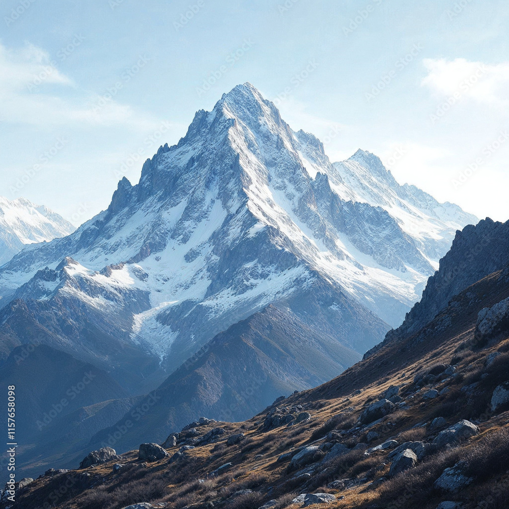 Obraz premium Concept photo of snow covered mountains in winter with space for text, winter landscape