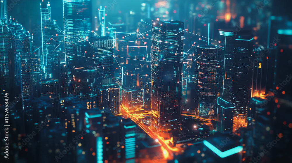 Smart digital Innovation city with connection network reciprocity over the cityscape. of future smart wireless digital city and social media networking systems that connects people with in city Smart digital Innovation city with connection network reciprocity over the cityscape. of future smart wireless digital city and social media networking systems that connects people with in city