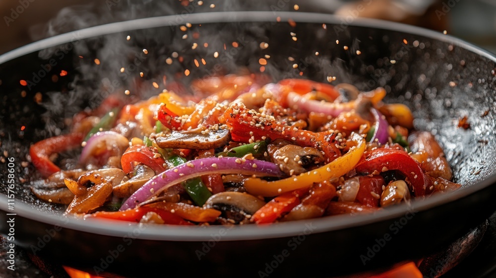A colorful stir-fry of vegetables cooking in a pan, releasing steam and spices. A colorful stir-fry of vegetables cooking in a pan, releasing steam and spices.