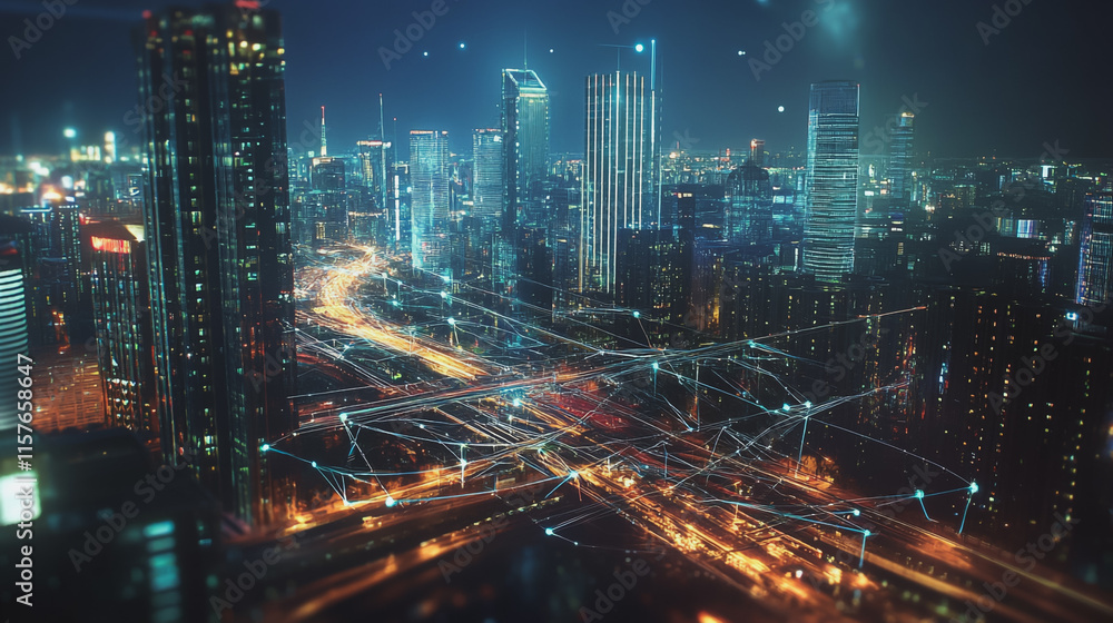 Smart digital Innovation city with connection network reciprocity over the cityscape. of future smart wireless digital city and social media networking systems that connects people with in city