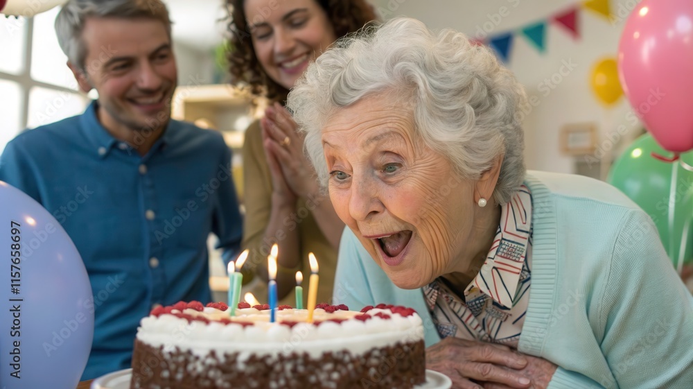 Elderly Woman Joyfully Prepares to Blow out Candles on Birthday Cake in Festive Party Setting. Generative AI Elderly Woman Joyfully Prepares to Blow out Candles on Birthday Cake in Festive Party Setting. Generative AI