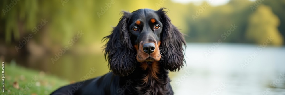 A majestic Field Spaniel poses calmly by the lake its dark coat and amber eyes captivating the viewer its presence radiates serene beauty A majestic Field Spaniel poses calmly by the lake its dark coat and amber eyes captivating the viewer its presence radiates serene beauty