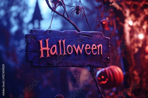 Halloween wooden sign hanging in a spooky forest at night photo