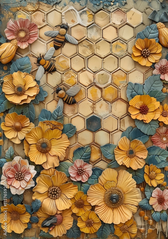 Fototapeta premium Honey Bees Junk Journal Pages Vintage Honeycomb Junk Journal