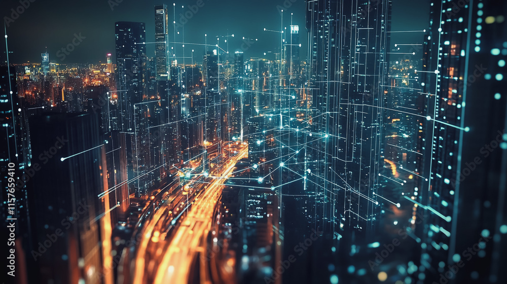Smart digital Innovation city with connection network reciprocity over the cityscape. of future smart wireless digital city and social media networking systems that connects people with in city