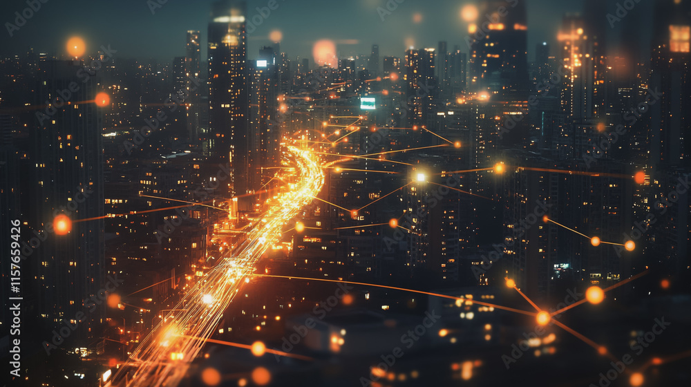 Obraz premium Smart digital Innovation city with connection network reciprocity over the cityscape. of future smart wireless digital city and social media networking systems that connects people with in city