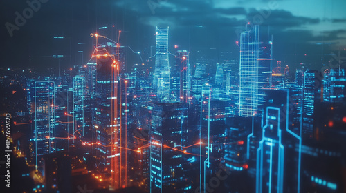 Wallpaper Mural Smart digital Innovation city with connection network reciprocity over the cityscape. of future smart wireless digital city and social media networking systems that connects people with in city Torontodigital.ca