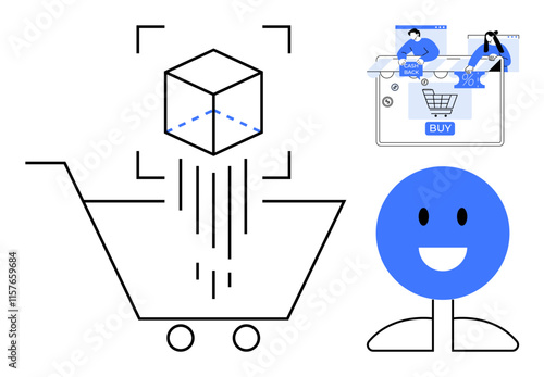 Abstract shopping cart with digital elements, smiling face icon, and online shopping window with users. Ideal for e-commerce, digital retail, online transactions, user experience, modern business