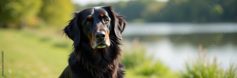 Flat-Coated Retriever gazing intensely at the viewer against a serene lake and lush green backdrop its amber eyes full of depth and expression Flat-Coated Retriever gazing intensely at the viewer against a serene lake and lush green backdrop its amber eyes full of depth and expression