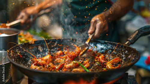 A chef preparing fried insects in a hot pan, street food theme. photo