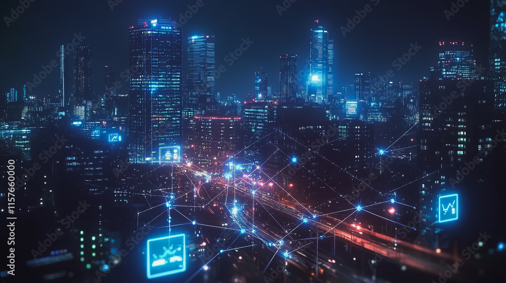 Fototapeta premium Smart digital Innovation city with connection network reciprocity over the cityscape. of future smart wireless digital city and social media networking systems that connects people with in city