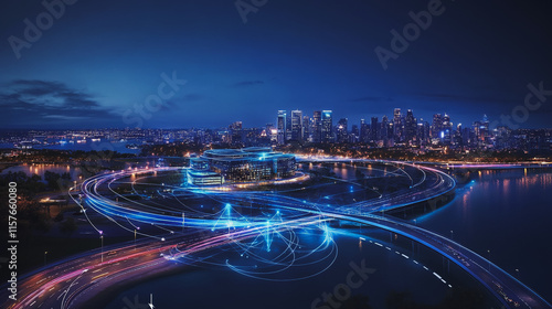 Smart digital Innovation city with connection network reciprocity over the cityscape. of future smart wireless digital city and social media networking systems that connects people with in city