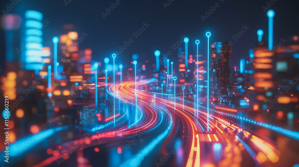 Fototapeta premium Smart digital Innovation city with connection network reciprocity over the cityscape. of future smart wireless digital city and social media networking systems that connects people with in city