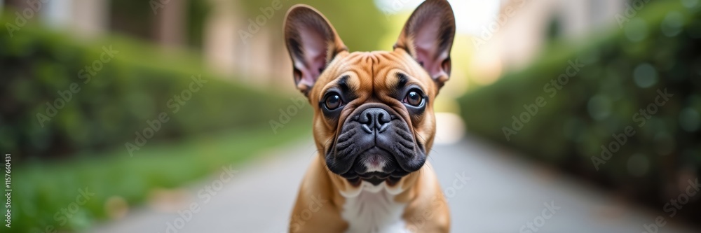 A Portrait of a Sweet French Bulldog Puppy With Large Eyes and Adorable Bat Ears Looking Directly at the Camera on a Green Blurred Background A Portrait of a Sweet French Bulldog Puppy With Large Eyes and Adorable Bat Ears Looking Directly at the Camera on a Green Blurred Background