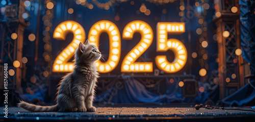 A curious cat sits on the ground, looking up at a large illuminated sign reading 2025. The background is adorned with colorful lights, creating a festive atmosphere during the night