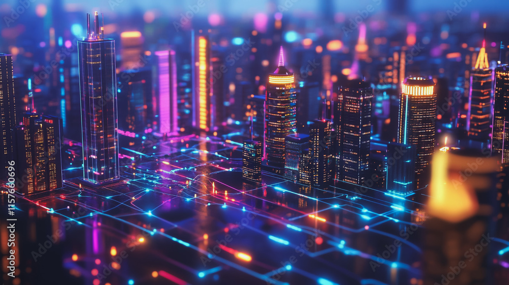 Smart digital Innovation city with connection network reciprocity over the cityscape. of future smart wireless digital city and social media networking systems that connects people with in city Smart digital Innovation city with connection network reciprocity over the cityscape. of future smart wireless digital city and social media networking systems that connects people with in city