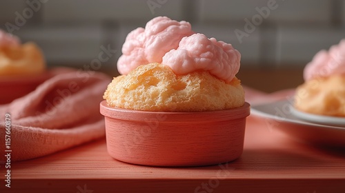 Fluffy sponge cake with pink frosting in wooden cup on rustic table photo