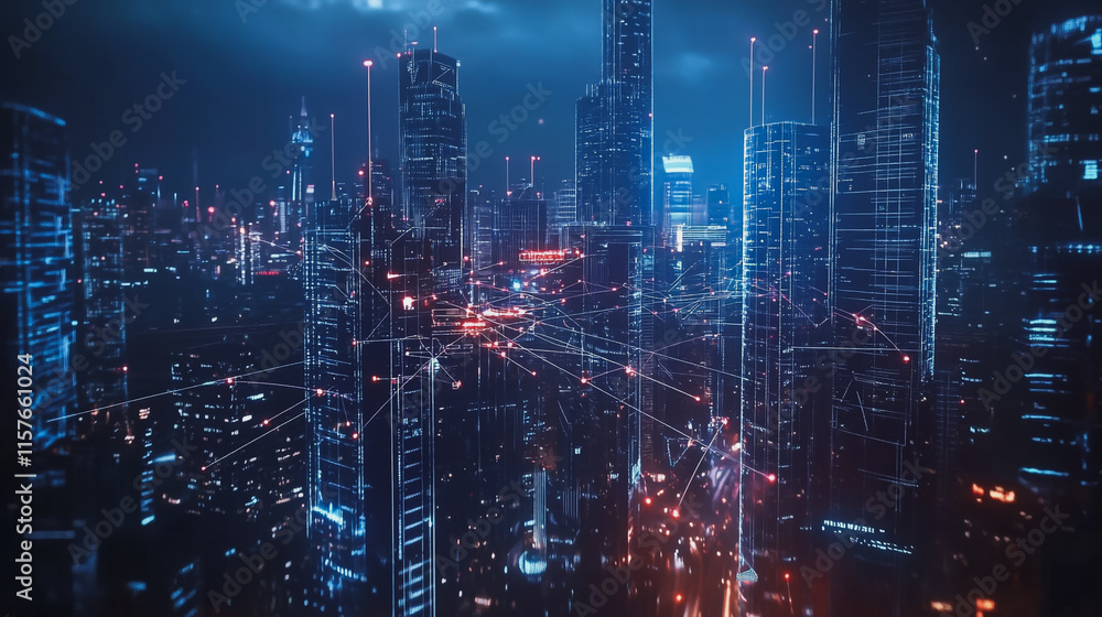 Smart digital Innovation city with connection network reciprocity over the cityscape. of future smart wireless digital city and social media networking systems that connects people with in city Smart digital Innovation city with connection network reciprocity over the cityscape. of future smart wireless digital city and social media networking systems that connects people with in city