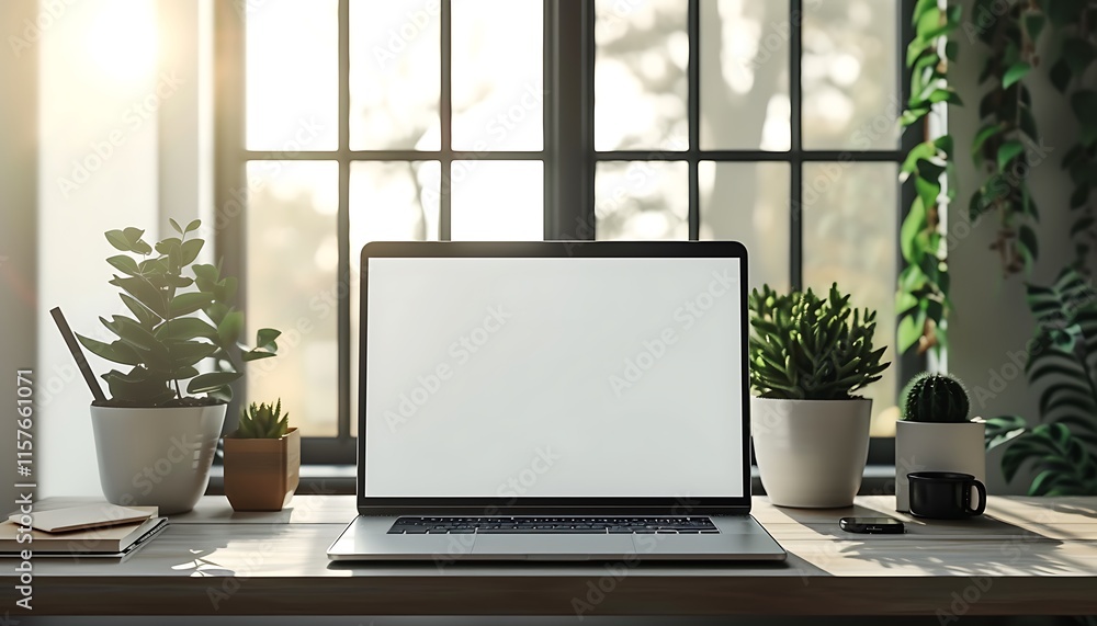 A laptop with a blank screen rests on a wooden desk, surrounded by potted plants, a cup of coffee, and a notebook. Sunlight streams in through a large window behind the Laptop, mockup presentation A laptop with a blank screen rests on a wooden desk, surrounded by potted plants, a cup of coffee, and a notebook. Sunlight streams in through a large window behind the Laptop, mockup presentation
