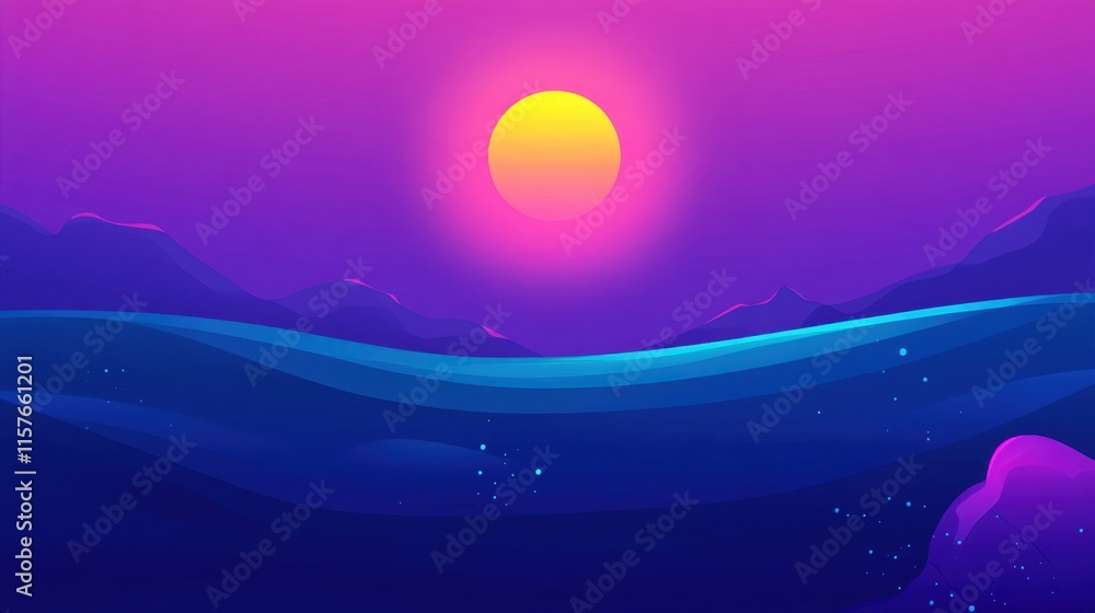 Obraz premium Vibrant Sunset Over Tranquil Ocean Waves with Stylized Mountains