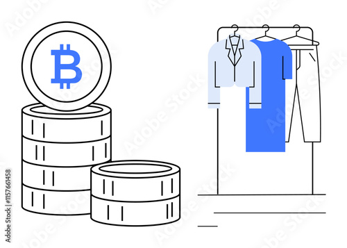 Bitcoin coin stacks next to clothes rack with hanging shirts and trousers. Ideal for e-commerce, online retail, cryptocurrency, blockchain, digital payments, fashion industry, technology. Line