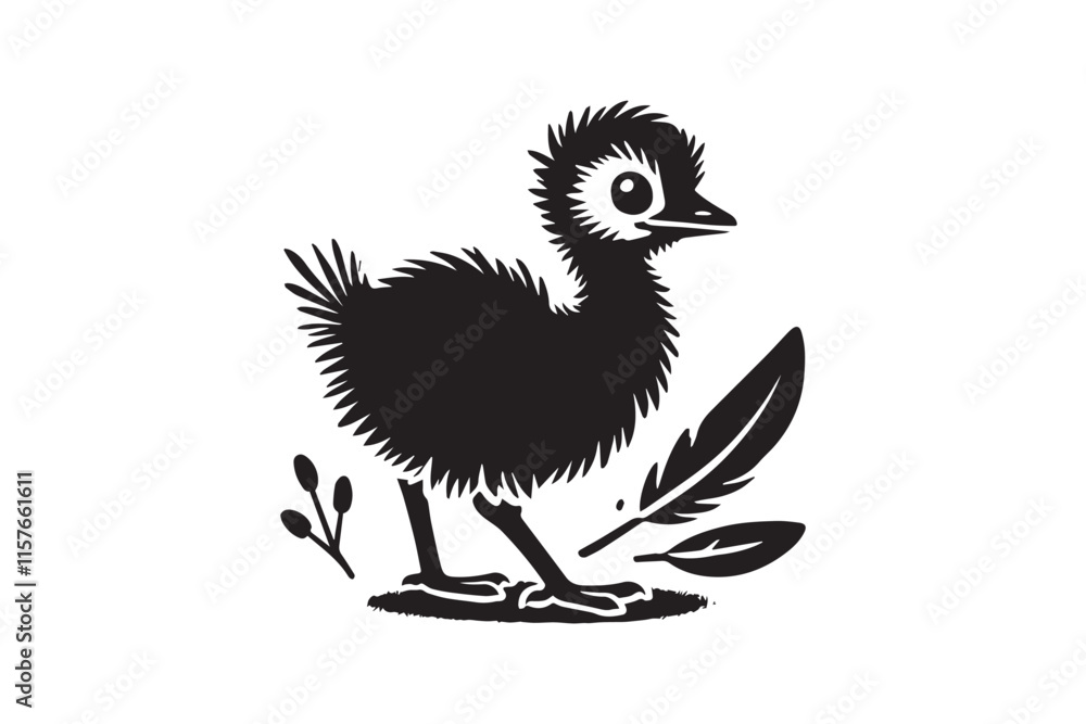 Fototapeta premium simple black-and-white baby emu chicken vector silhouette isolated on a white background