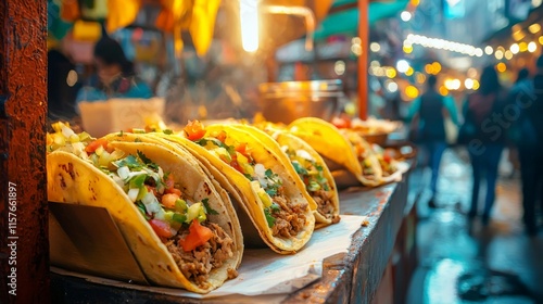 Traveler sampling freshly made tacos at a bustling food market in Mexico City, photo