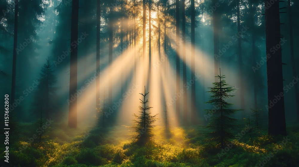 Obraz premium Sunbeams Illuminate Misty Forest Scene With Young Trees