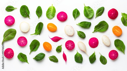 Wallpaper Mural Radishes and Spinach Flat Lay - Vibrant radishes and spinach leaves arranged in a flat lay composition. Symbolizing freshness, health, vitality, spring, and abundance. Torontodigital.ca