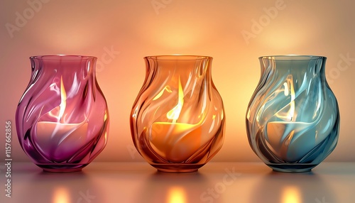 Three elegant glass vases, each in a different color, hold lit candles, casting a warm glow and creating a tranquil scene. photo