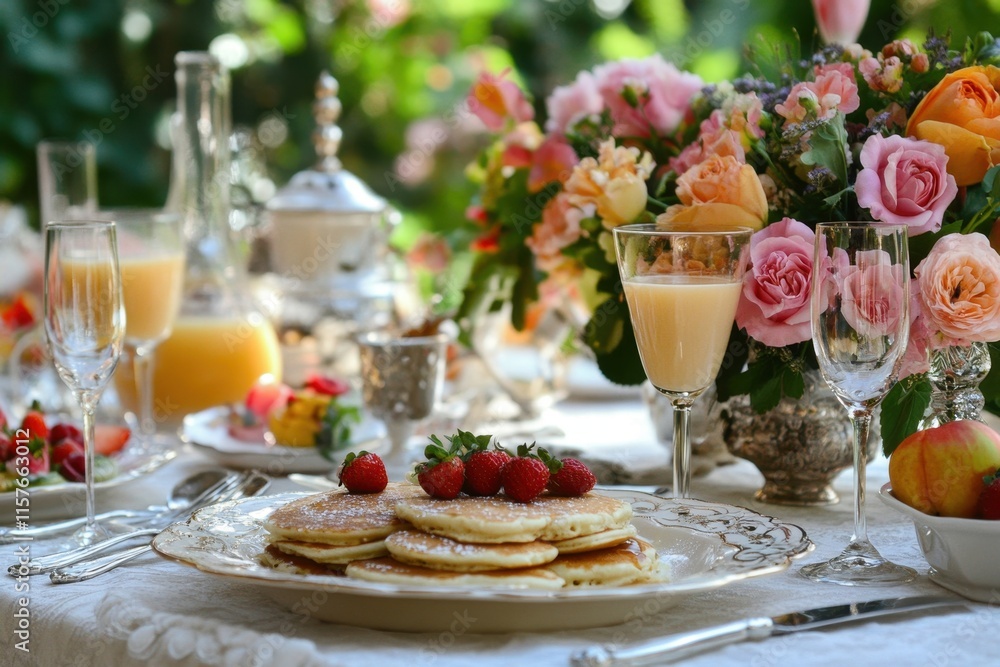 Brunch table filled with pancakes, fresh fruit, and beverages surrounded by vibrant flowers Brunch table filled with pancakes, fresh fruit, and beverages surrounded by vibrant flowers