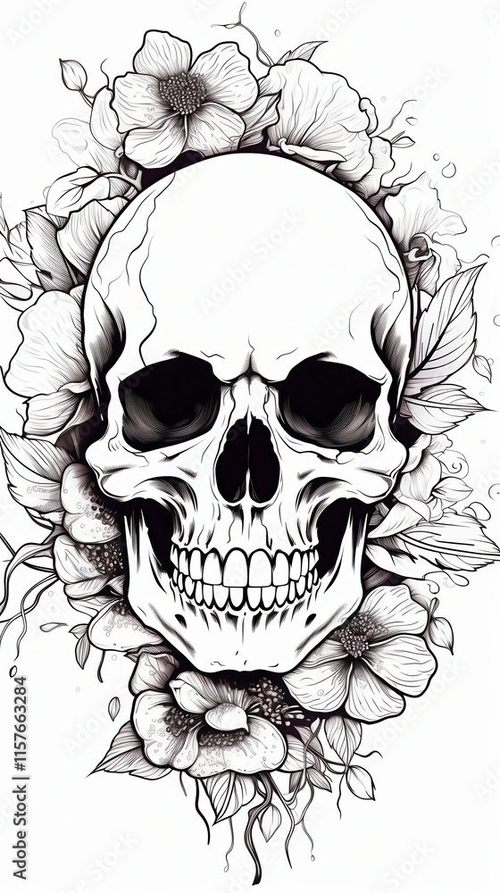 Obraz premium Skull With Floral Design Black and White Illustration for Coloring Pages. Generative AI