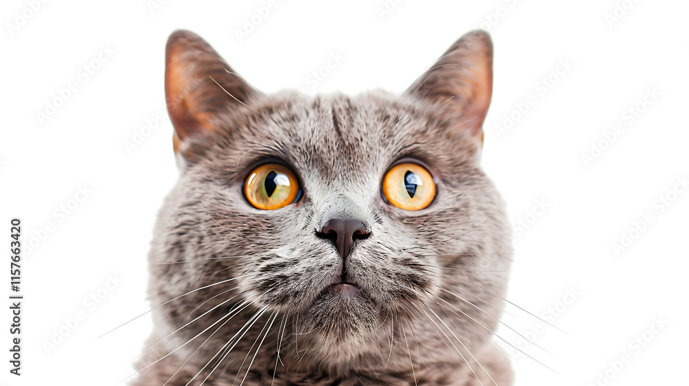 Fototapeta premium fluffy scottish straight cat portrait with bright whiskers and cute face closeup isolated on white for professional stock use