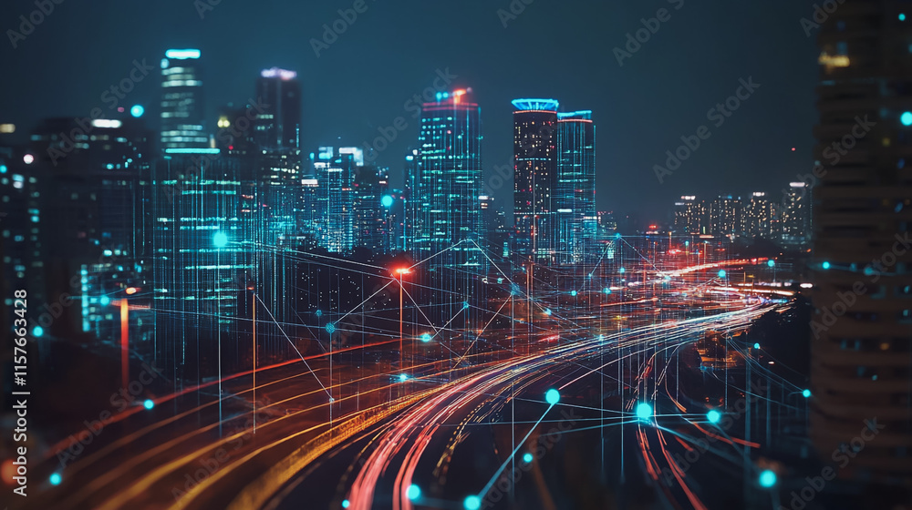 Fototapeta premium Smart digital Innovation city with connection network reciprocity over the cityscape. of future smart wireless digital city and social media networking systems that connects people with in city