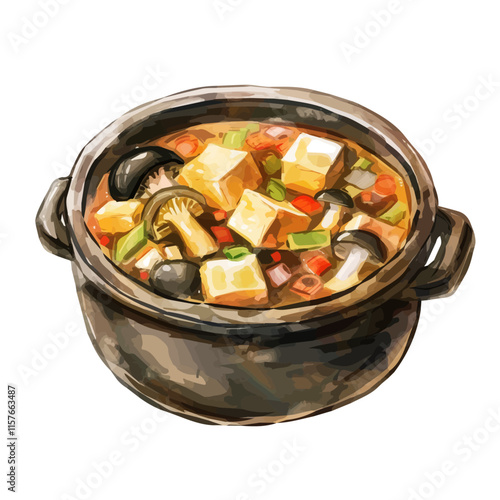 A watercolor painting of Chinese hot and sour soup with mushrooms and tofu, isolated on a white background. Hot and sour soup vector.
