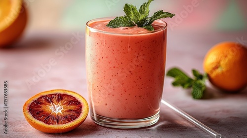 Refreshing blood orange smoothie with mint garnish on a pastel background photo