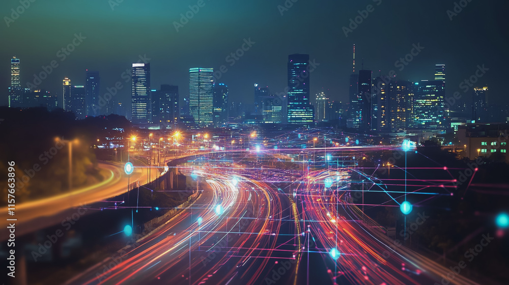 Smart digital Innovation city with connection network reciprocity over the cityscape. of future smart wireless digital city and social media networking systems that connects people with in city Smart digital Innovation city with connection network reciprocity over the cityscape. of future smart wireless digital city and social media networking systems that connects people with in city