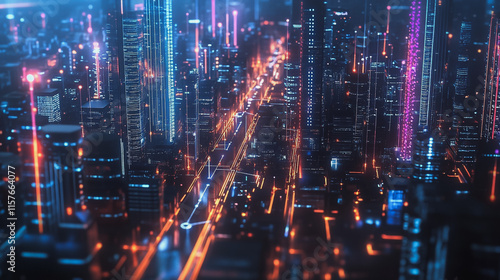 Smart digital Innovation city with connection network reciprocity over the cityscape. of future smart wireless digital city and social media networking systems that connects people with in city
