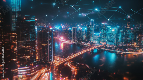 Smart digital Innovation city with connection network reciprocity over the cityscape. of future smart wireless digital city and social media networking systems that connects people with in city