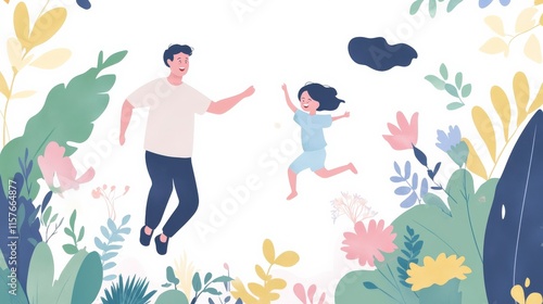 Playful Moment Between Parent and Child in a Vibrant Natural Setting Surrounded by Colorful Flowers and Foliage, Celebrating Joy and Togetherness in Nature