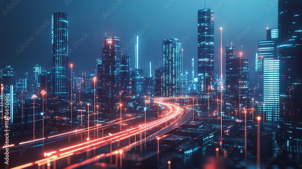 Obraz premium Smart digital Innovation city with connection network reciprocity over the cityscape. of future smart wireless digital city and social media networking systems that connects people with in city