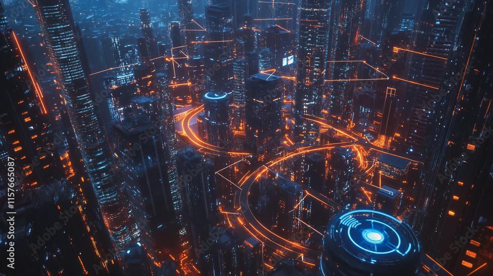 Fototapeta premium Smart digital Innovation city with connection network reciprocity over the cityscape. of future smart wireless digital city and social media networking systems that connects people with in city