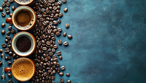 Three cups of coffee, each with a different level of foam, sit alongside a scattering of roasted beans against a deep blue backdrop. Background