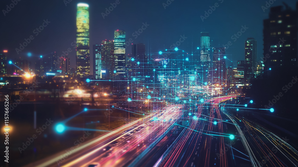 Obraz premium Smart digital Innovation city with connection network reciprocity over the cityscape. of future smart wireless digital city and social media networking systems that connects people with in city